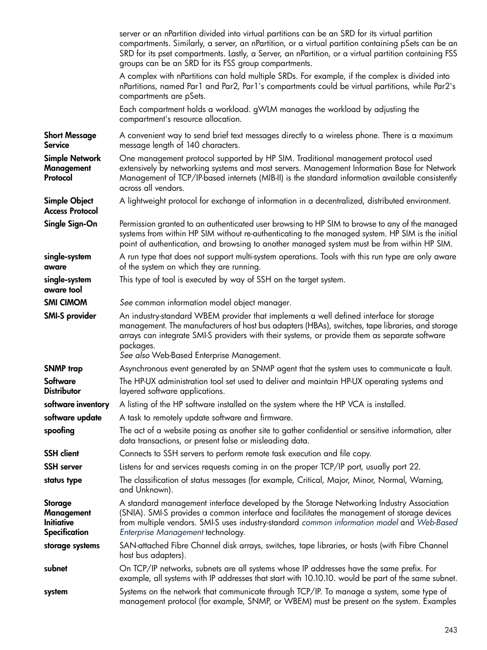 Simple network management protocol, System, Systems | Snmp traps, Wbem smi-s providers, Smi-s, Provider, Software updates, Software, Inventory | HP Systems Insight Manager User Manual | Page 243 / 253
