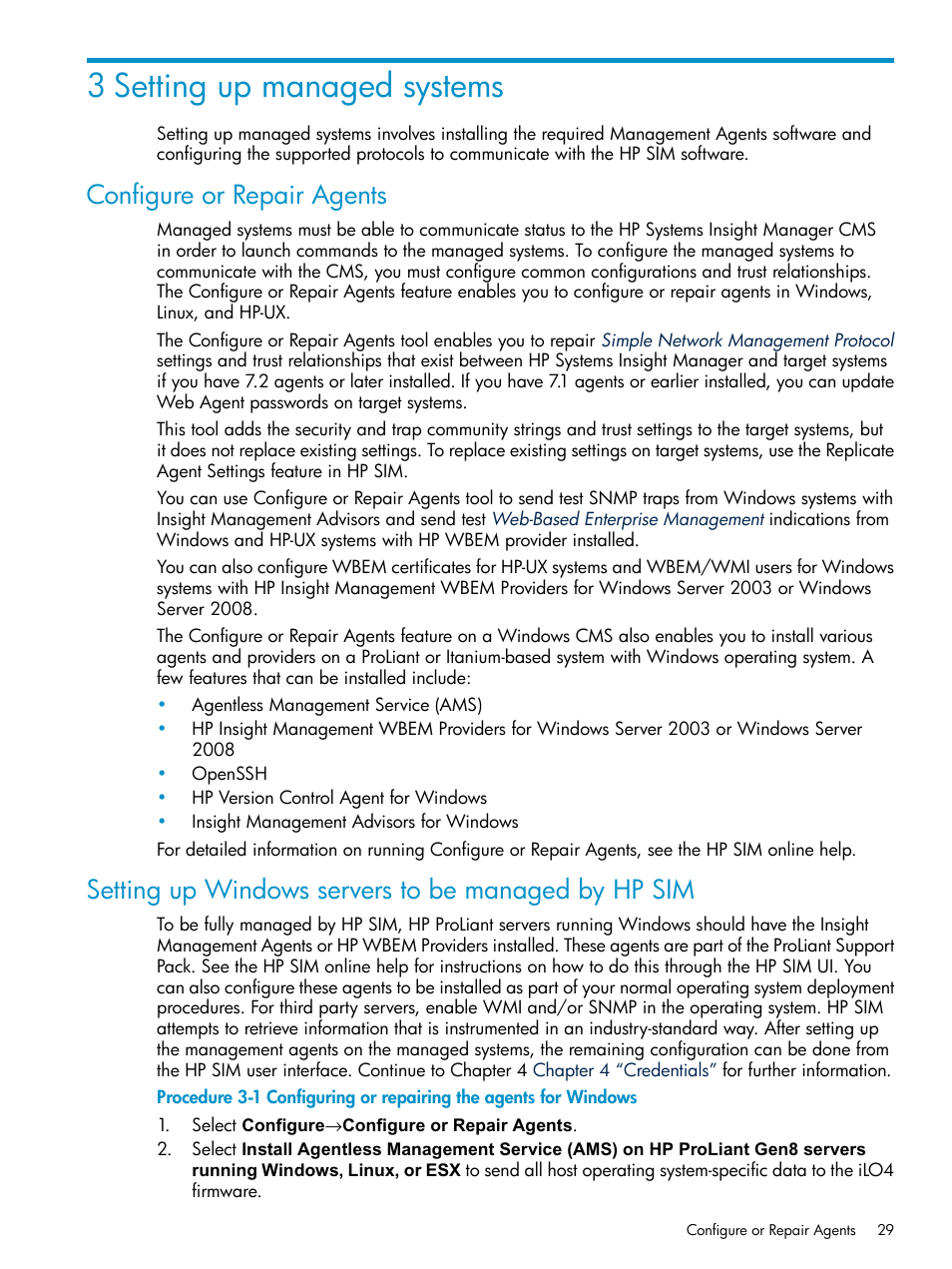 3 setting up managed systems, Configure or repair agents, Setting up windows servers to be managed by hp sim | HP Systems Insight Manager User Manual | Page 29 / 253