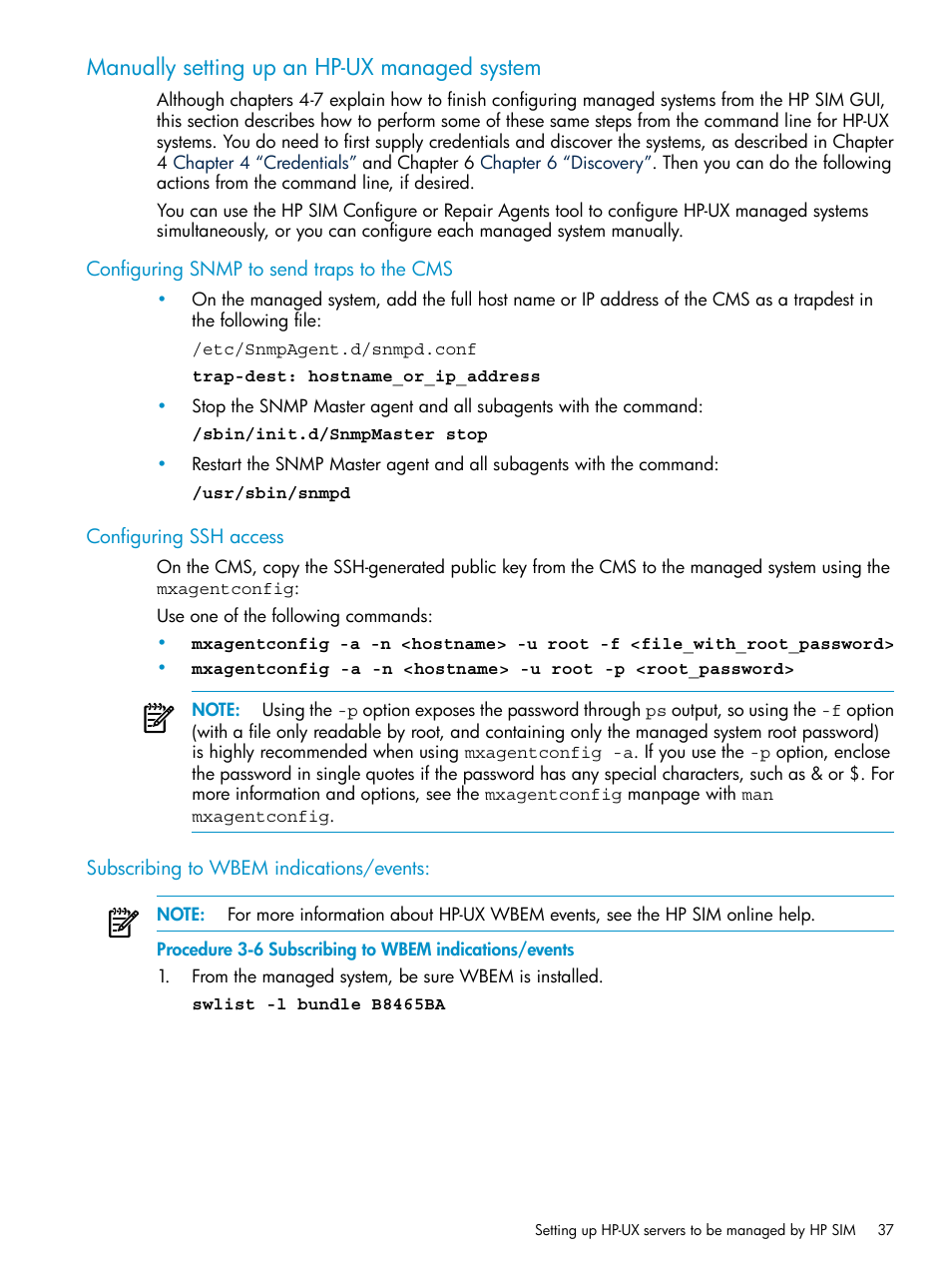 Manually setting up an hp-ux managed system, Configuring snmp to send traps to the cms, Configuring ssh access | Subscribing to wbem indications/events | HP Systems Insight Manager User Manual | Page 37 / 253