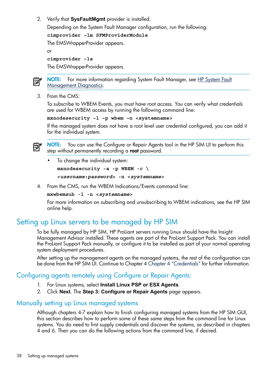 Setting up linux servers to be managed by hp sim, Manually setting up linux managed systems | HP Systems Insight Manager User Manual | Page 38 / 253