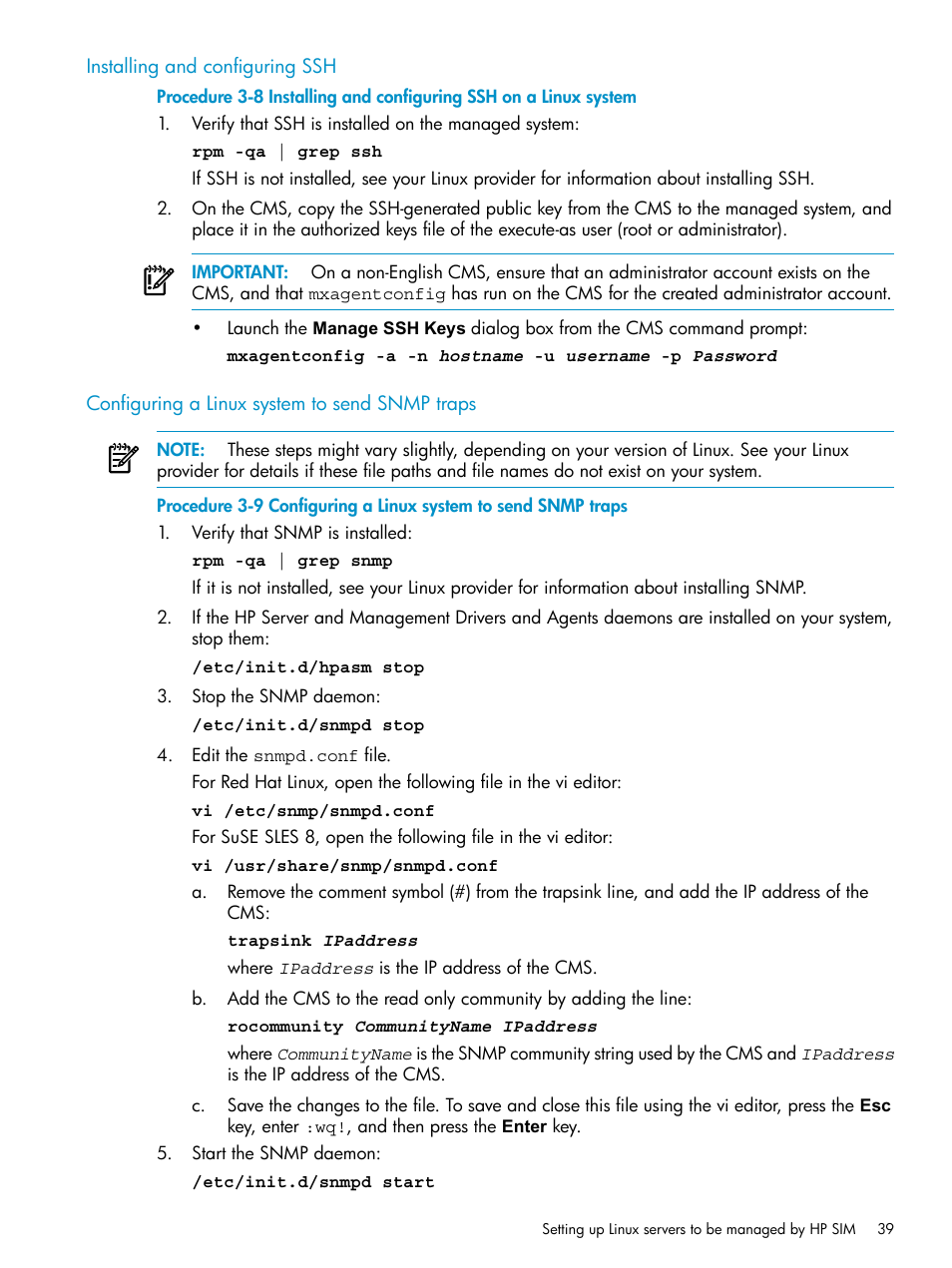 Installing and configuring ssh, Configuring a linux system to send snmp traps | HP Systems Insight Manager User Manual | Page 39 / 253