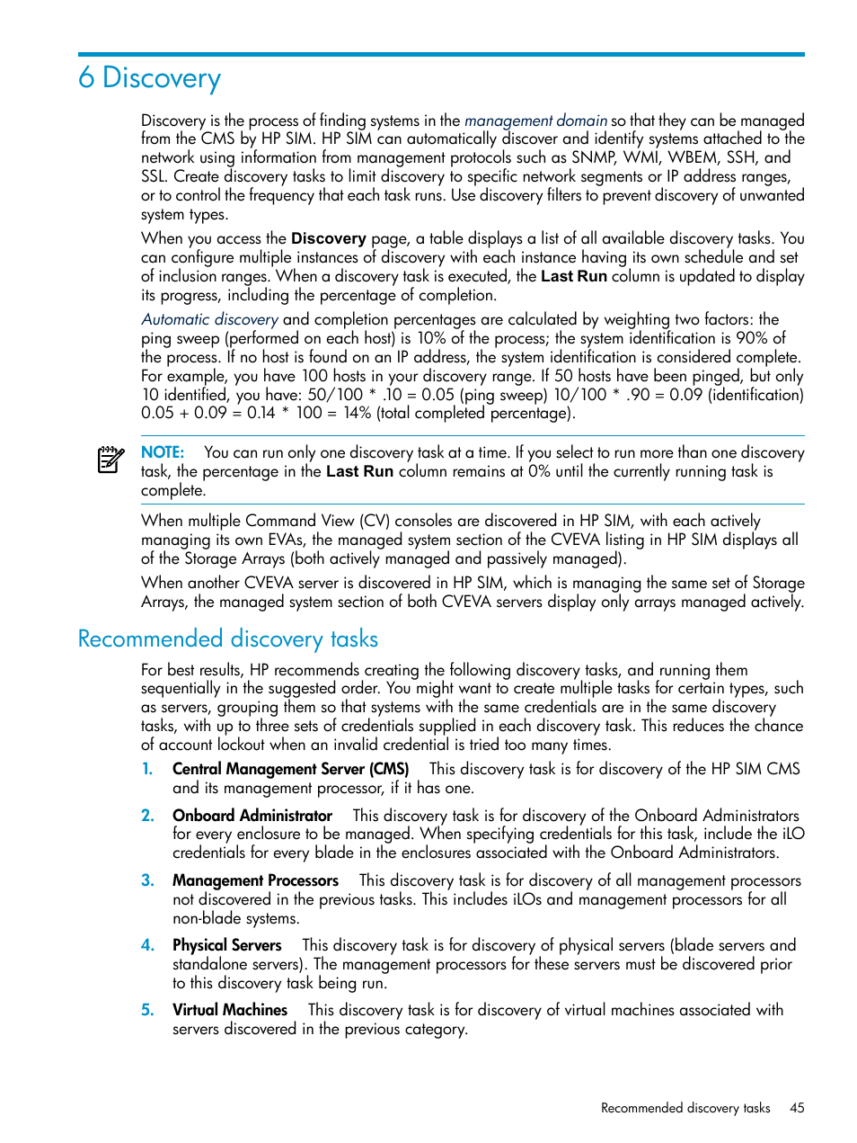 6 discovery, Recommended discovery tasks | HP Systems Insight Manager User Manual | Page 45 / 253