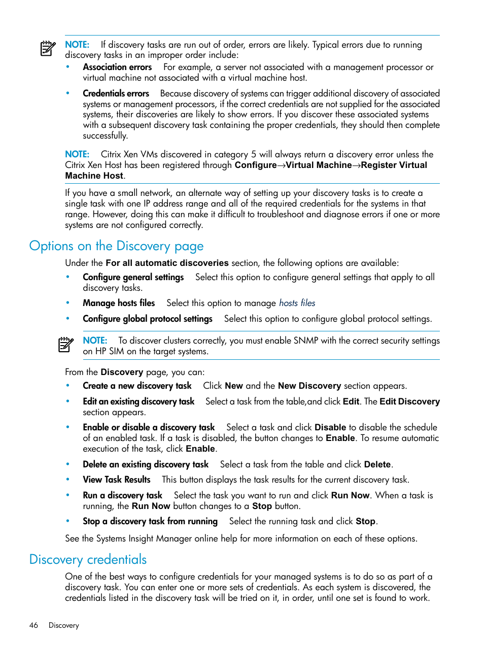 Discovery credentials, Options on the discovery page | HP Systems Insight Manager User Manual | Page 46 / 253