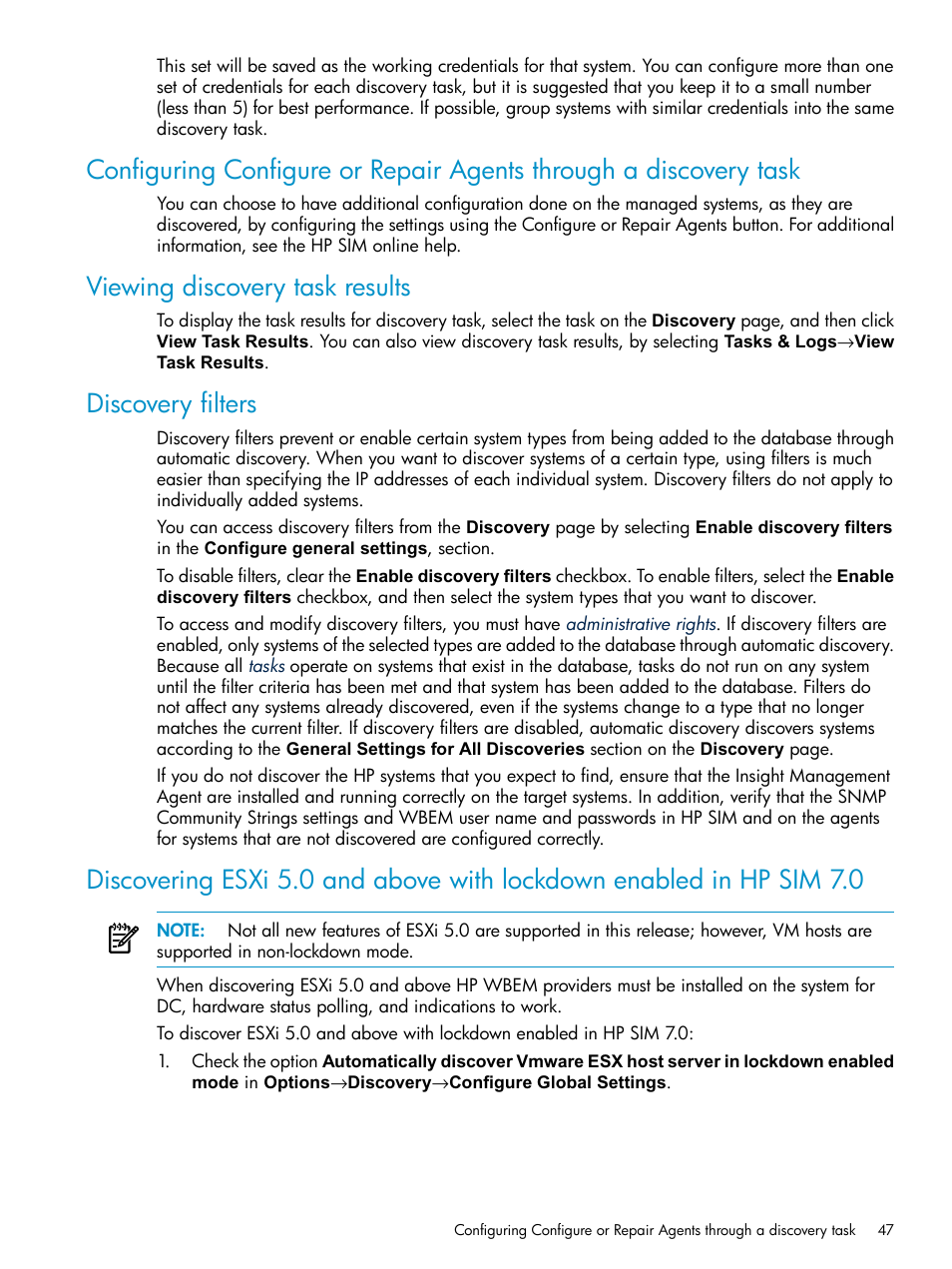 Viewing discovery task results, Discovery filters | HP Systems Insight Manager User Manual | Page 47 / 253