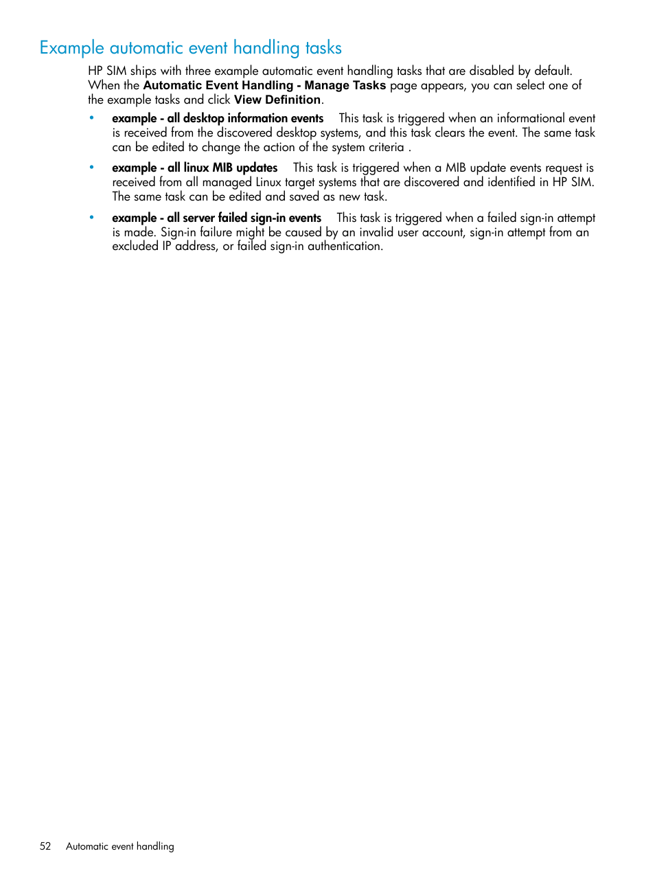 Example automatic event handling tasks | HP Systems Insight Manager User Manual | Page 52 / 253