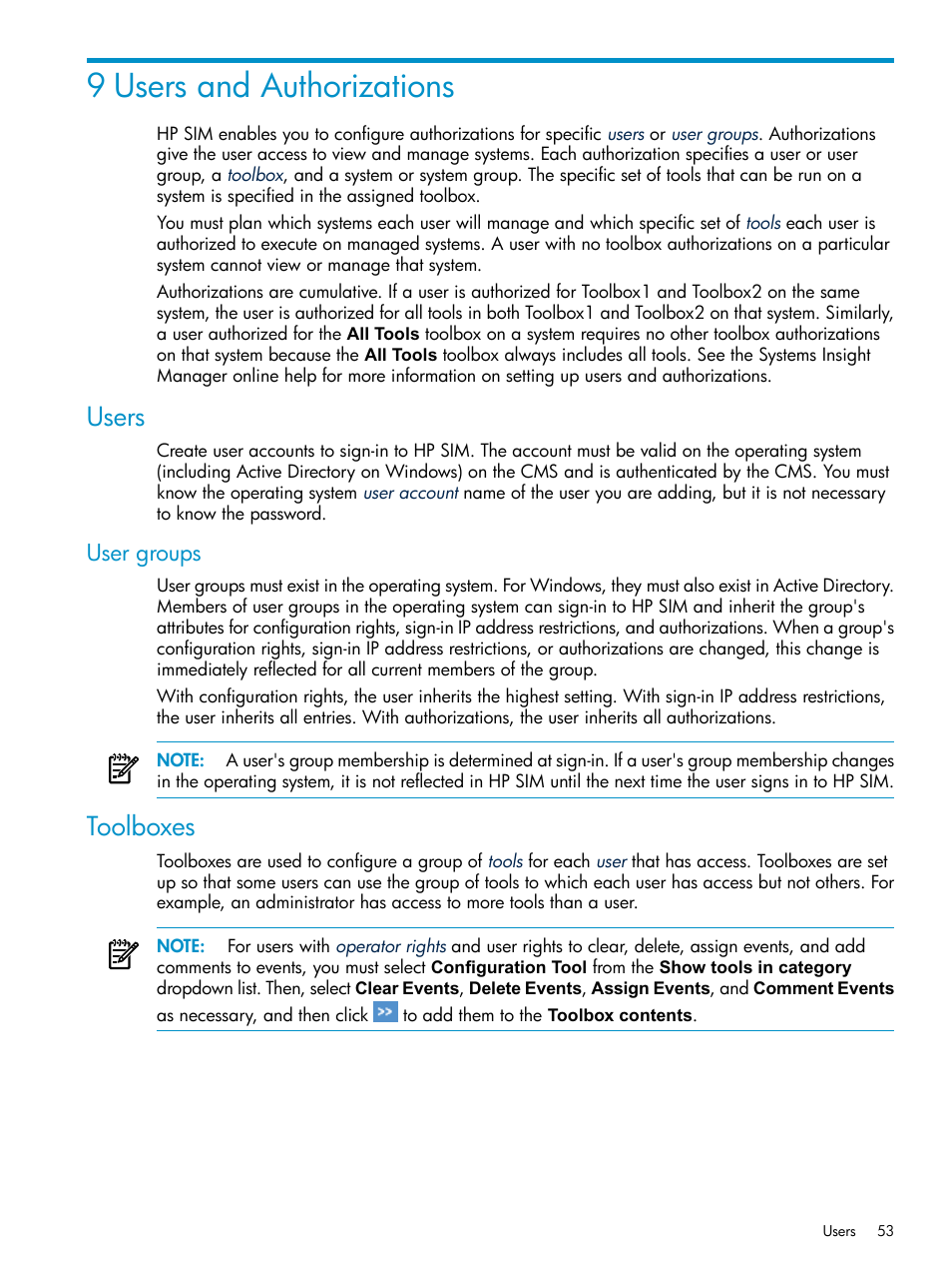 9 users and authorizations, Users, User groups | Toolboxes | HP Systems Insight Manager User Manual | Page 53 / 253