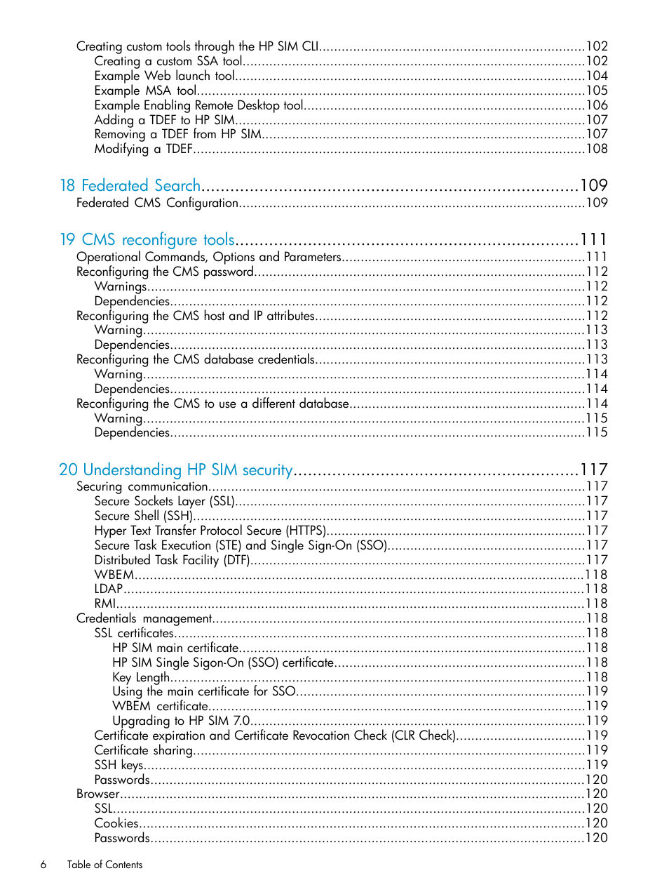 18 federated search, 19 cms reconfigure tools, 20 understanding hp sim security | HP Systems Insight Manager User Manual | Page 6 / 253