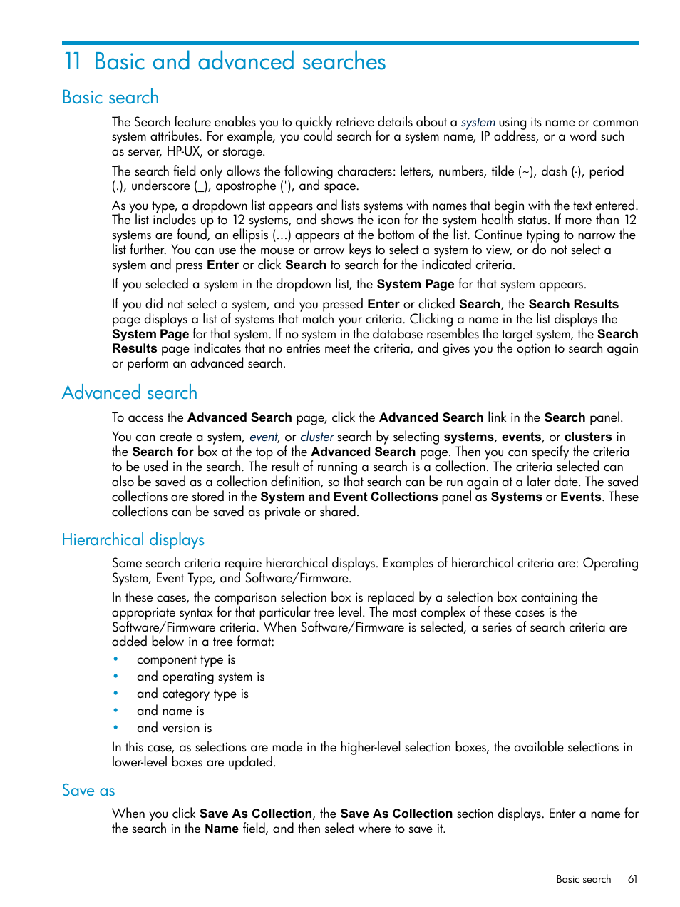 11 basic and advanced searches, Basic search, Advanced search | Hierarchical displays, Save as, Basic search advanced search, Hierarchical displays save as | HP Systems Insight Manager User Manual | Page 61 / 253