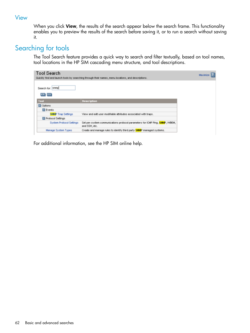 View, Searching for tools | HP Systems Insight Manager User Manual | Page 62 / 253