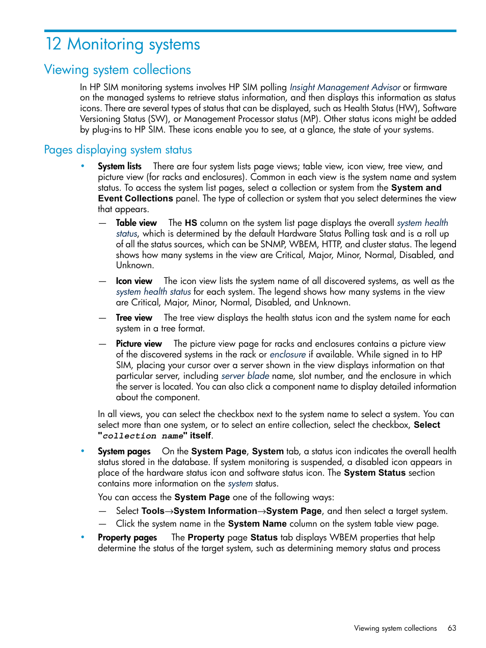 12 monitoring systems, Viewing system collections, Pages displaying system status | HP Systems Insight Manager User Manual | Page 63 / 253