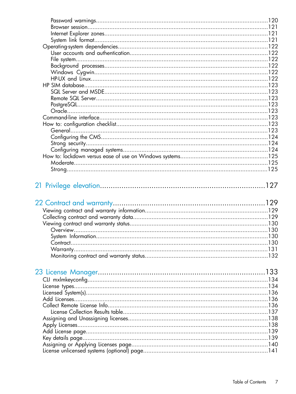 21 privilege elevation 22 contract and warranty, 23 license manager | HP Systems Insight Manager User Manual | Page 7 / 253