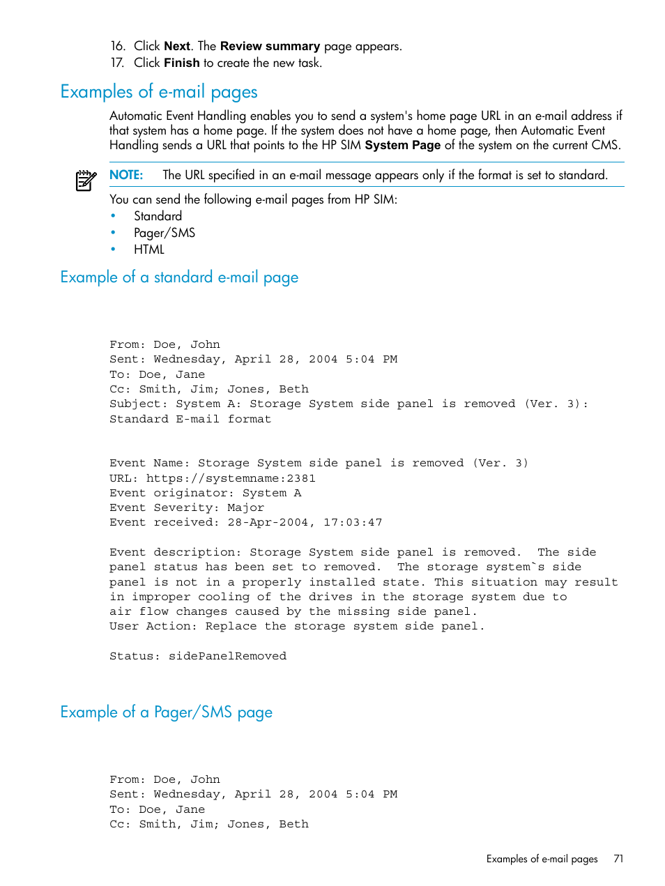 Examples of e-mail pages, Example of a standard e-mail page, Example of a pager/sms page | HP Systems Insight Manager User Manual | Page 71 / 253