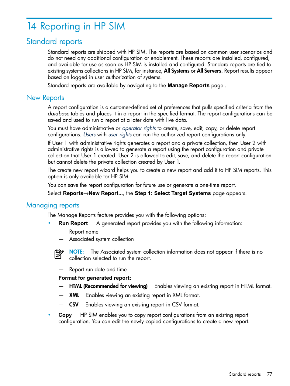 14 reporting in hp sim, Standard reports, New reports | Managing reports, New reports managing reports | HP Systems Insight Manager User Manual | Page 77 / 253