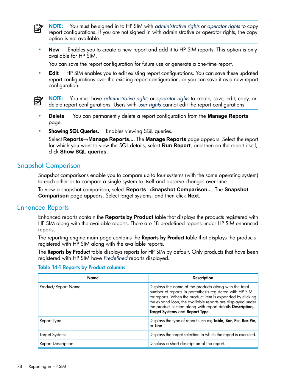 Snapshot comparison, Enhanced reports, Snapshot comparison enhanced reports | Reports by product columns | HP Systems Insight Manager User Manual | Page 78 / 253