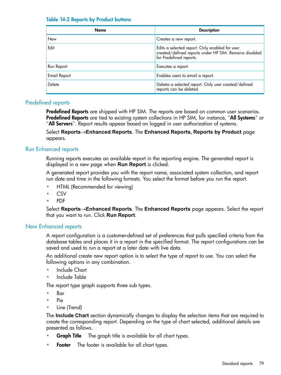 Predefined reports, Run enhanced reports, New enhanced reports | Reports by product buttons | HP Systems Insight Manager User Manual | Page 79 / 253