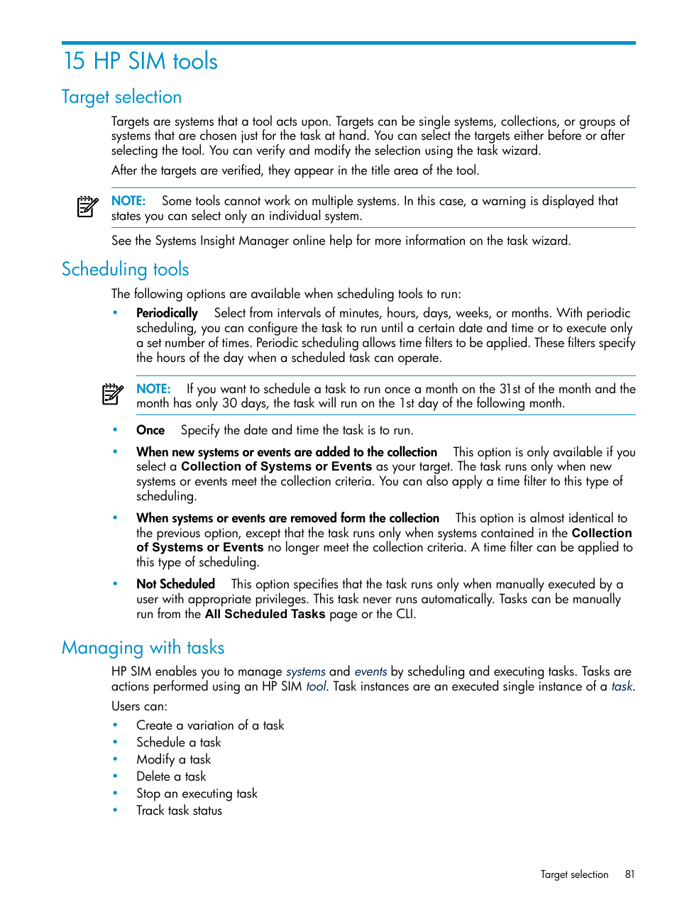 15 hp sim tools, Target selection, Scheduling tools | Managing with tasks, Target selection scheduling tools | HP Systems Insight Manager User Manual | Page 81 / 253