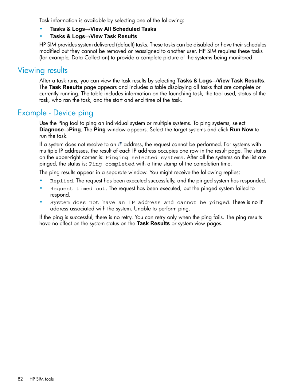 Viewing results, Example - device ping, Viewing results example - device ping | HP Systems Insight Manager User Manual | Page 82 / 253