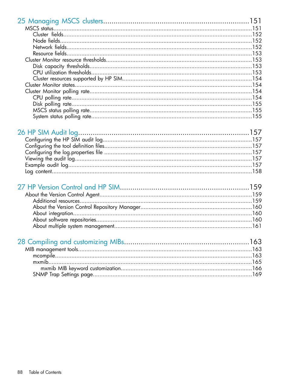 25 managing mscs clusters, 26 hp sim audit log, 27 hp version control and hp sim | 28 compiling and customizing mibs | HP Systems Insight Manager User Manual | Page 88 / 253