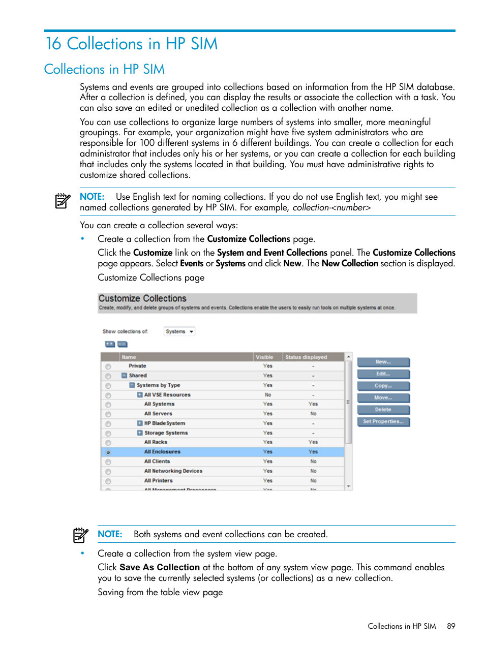 16 collections in hp sim, Collections in hp sim | HP Systems Insight Manager User Manual | Page 89 / 253