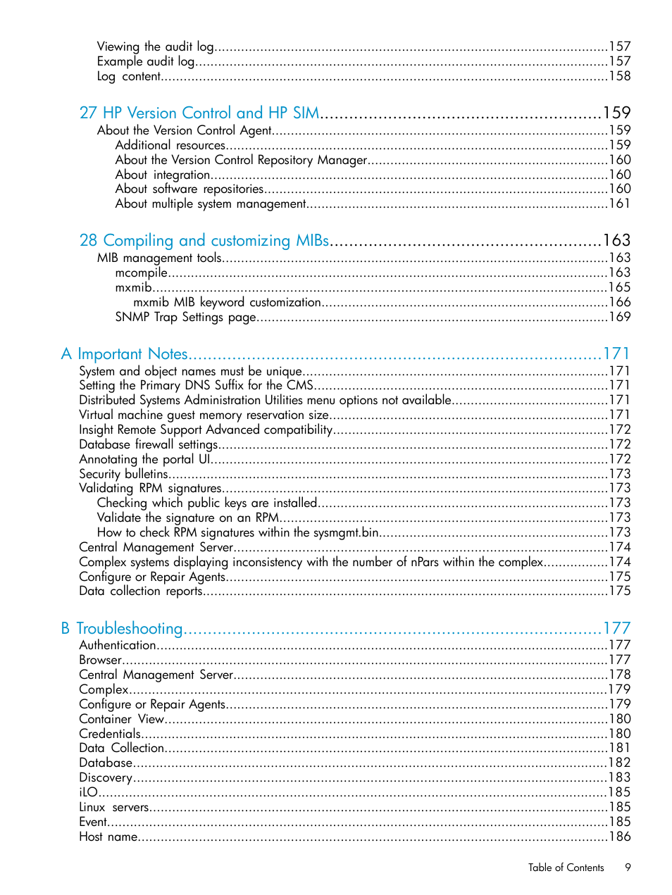 27 hp version control and hp sim, 28 compiling and customizing mibs, B troubleshooting | HP Systems Insight Manager User Manual | Page 9 / 253