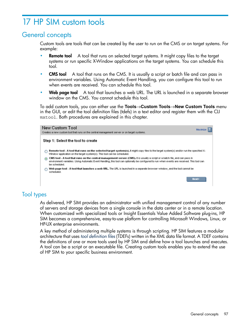 17 hp sim custom tools, General concepts, Tool types | HP Systems Insight Manager User Manual | Page 97 / 253