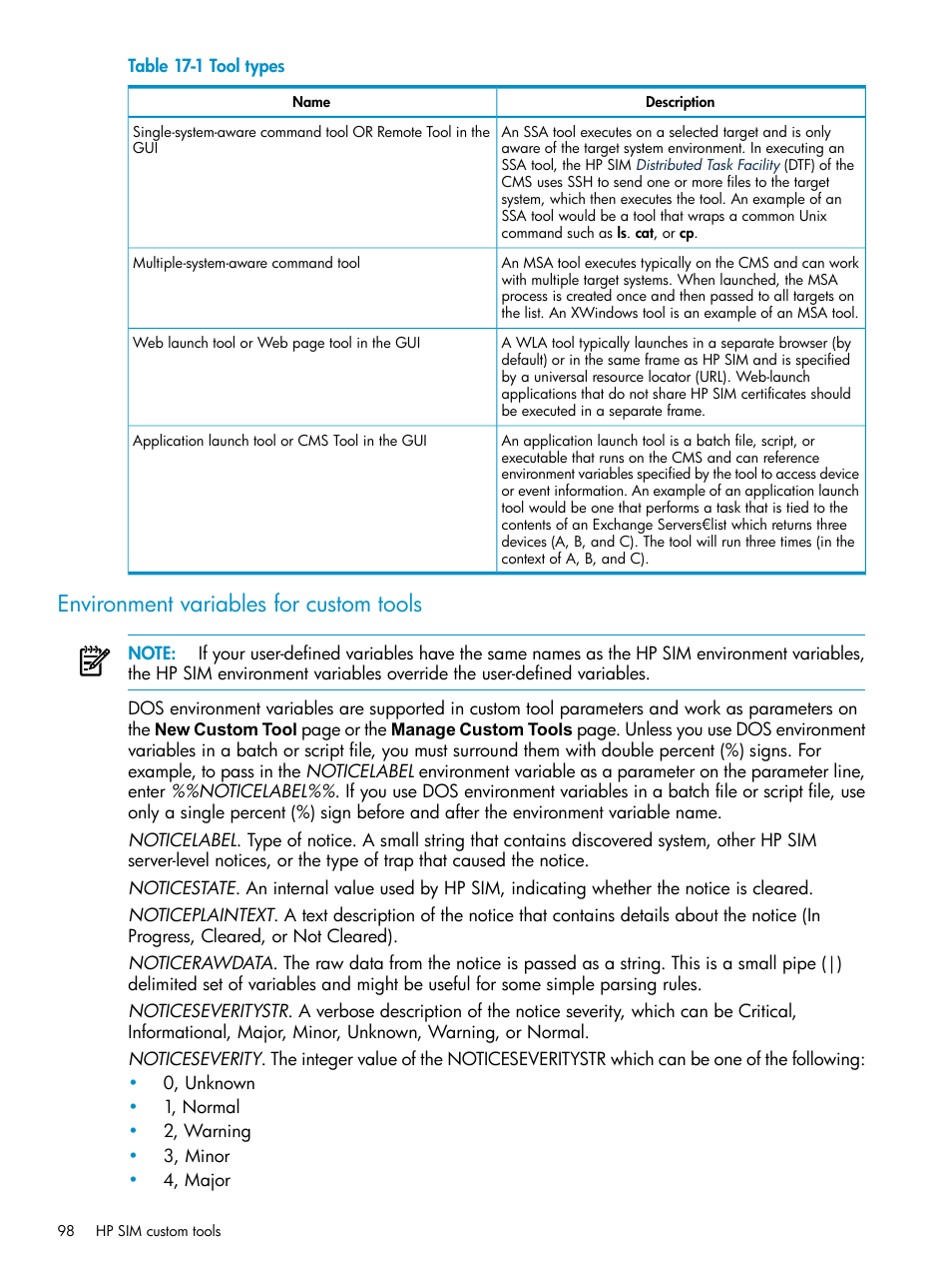 Environment variables for custom tools, Tool types | HP Systems Insight Manager User Manual | Page 98 / 253