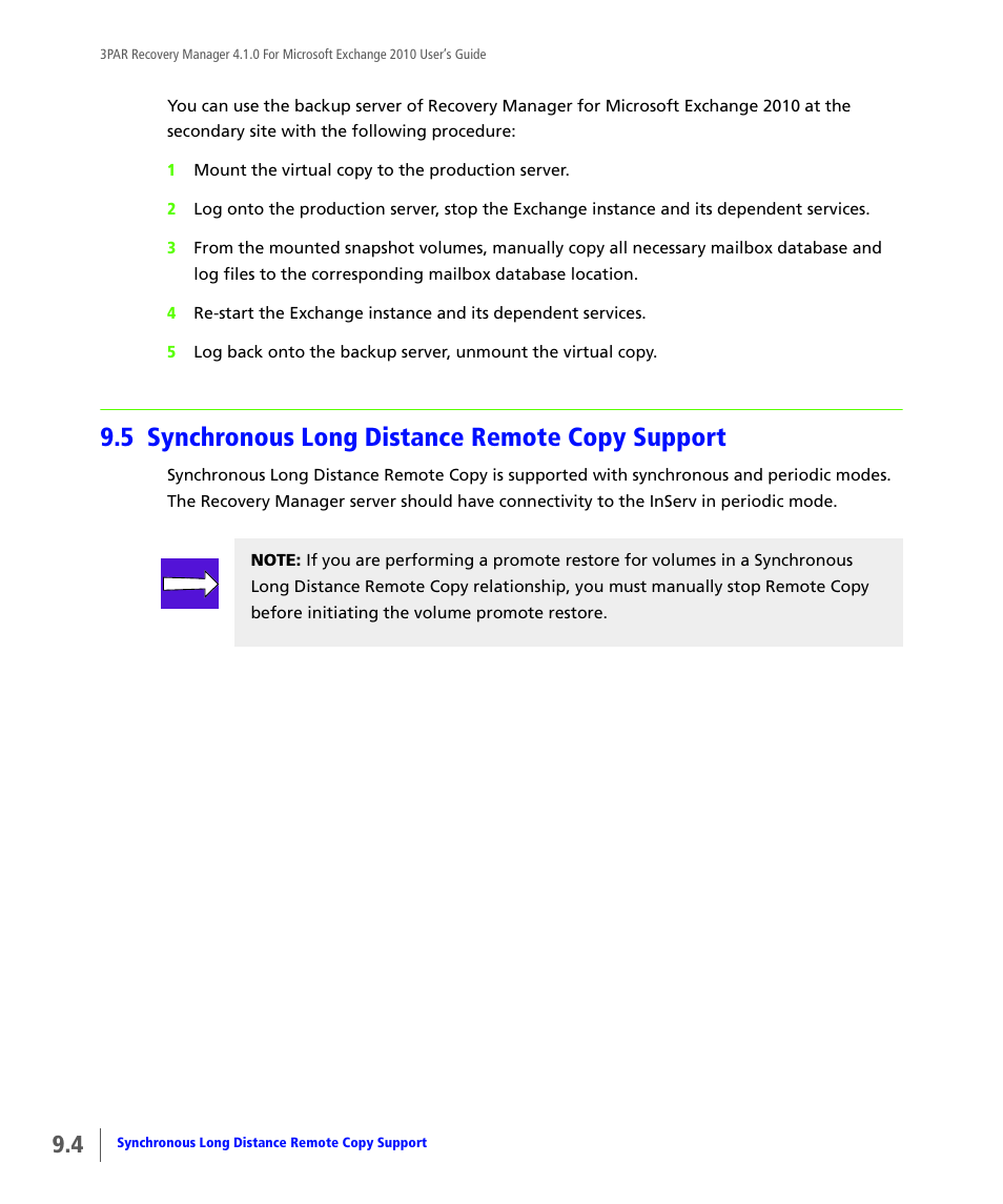 5 synchronous long distance remote copy support, Synchronous long distance remote copy support | HP 3PAR Application Software Suite for Microsoft Exchange User Manual | Page 106 / 164