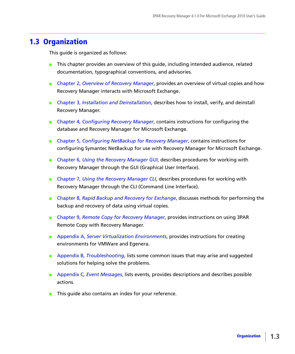 3 organization, Organization | HP 3PAR Application Software Suite for Microsoft Exchange User Manual | Page 11 / 164