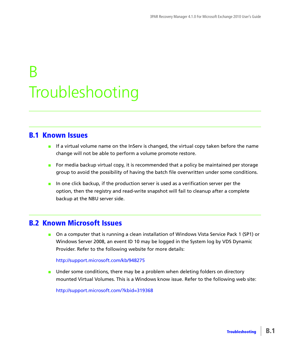 Troubleshooting, B.1 known issues, B.2 known microsoft issues | Known issues, Known microsoft issues, Appendix b, troubleshooting, B troubleshooting | HP 3PAR Application Software Suite for Microsoft Exchange User Manual | Page 111 / 164