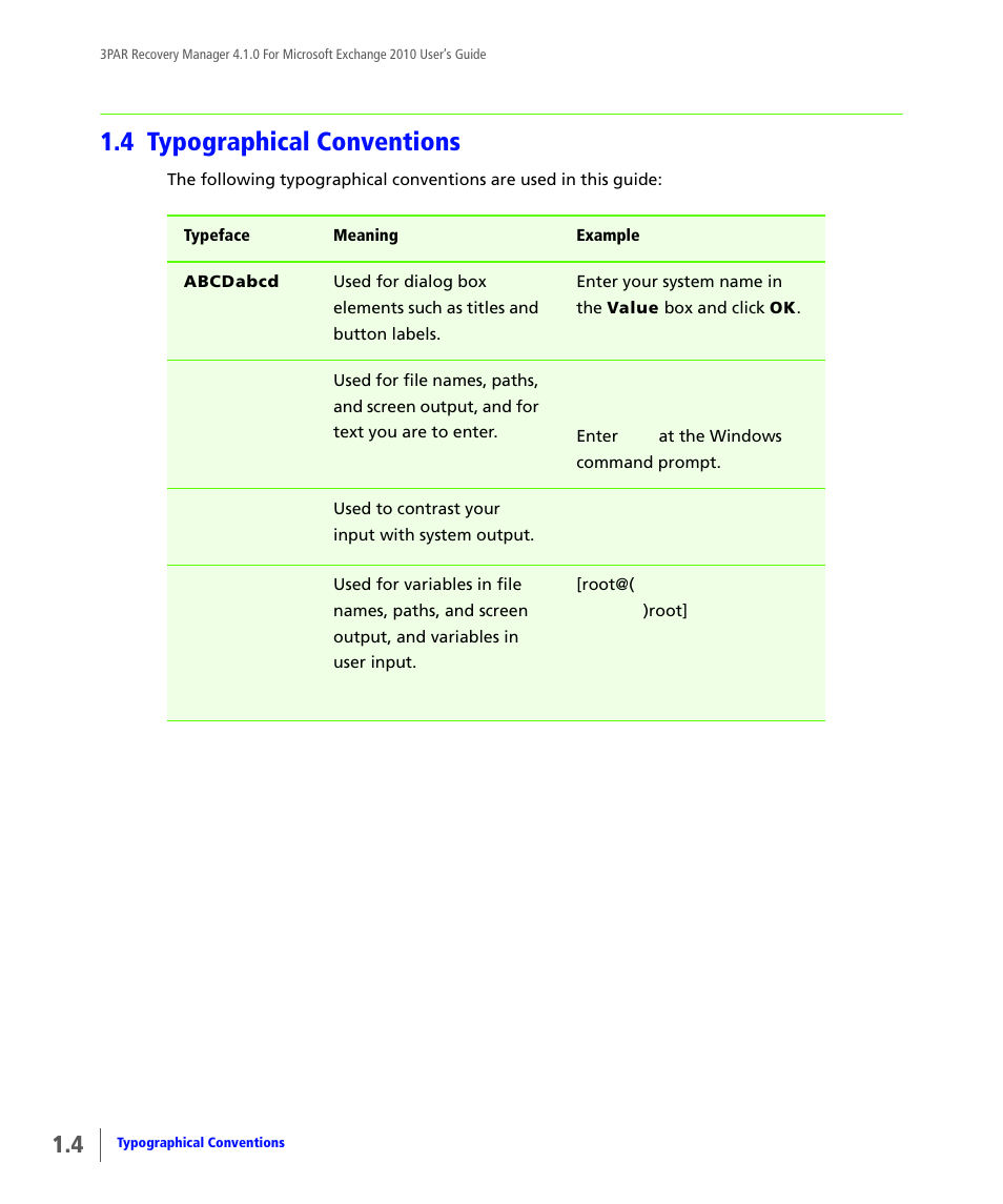 4 typographical conventions, Typographical conventions | HP 3PAR Application Software Suite for Microsoft Exchange User Manual | Page 12 / 164