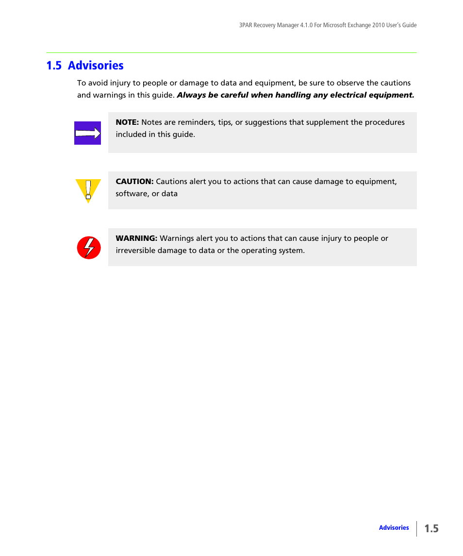 5 advisories, Advisories | HP 3PAR Application Software Suite for Microsoft Exchange User Manual | Page 13 / 164