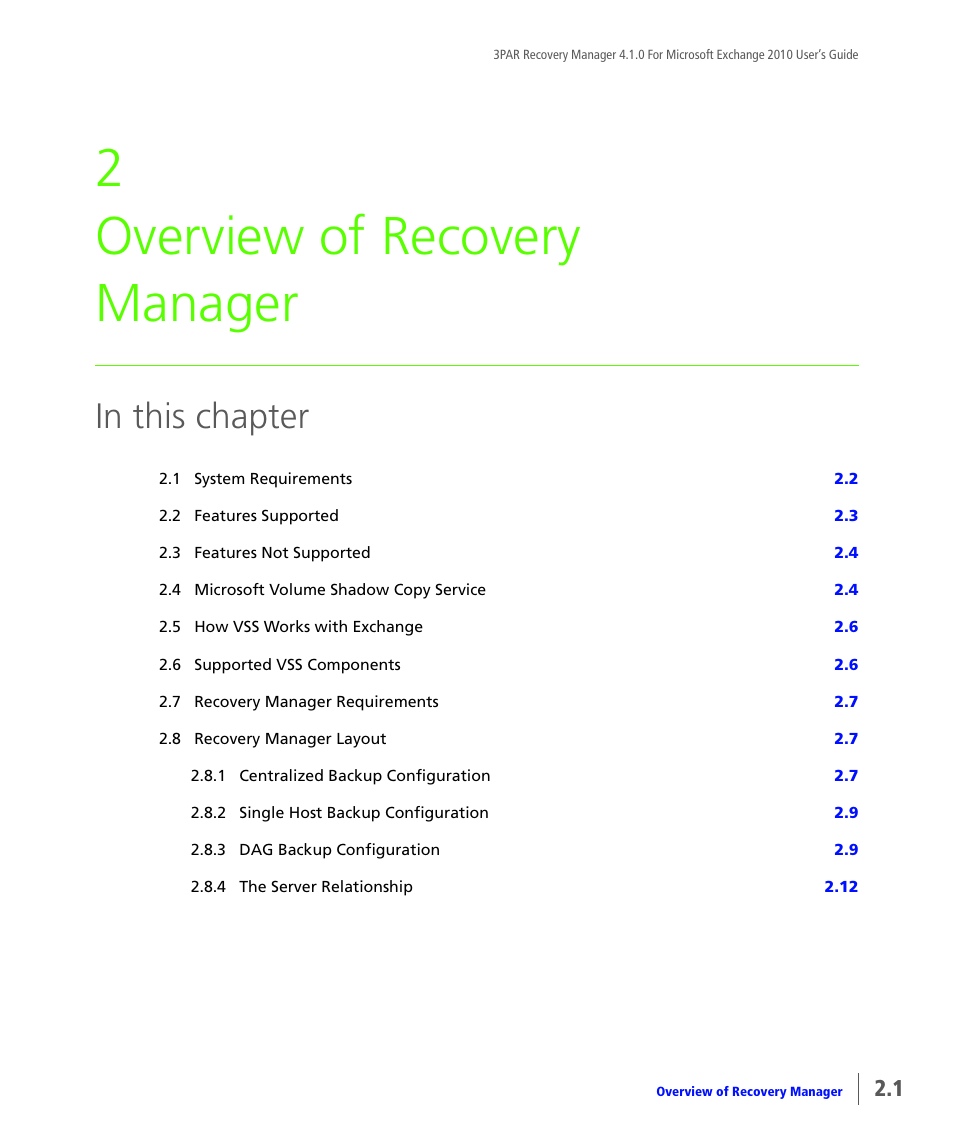 Overview of recovery manager, Chapter 2, overview of recovery manager, 2 overview of recovery manager | HP 3PAR Application Software Suite for Microsoft Exchange User Manual | Page 15 / 164