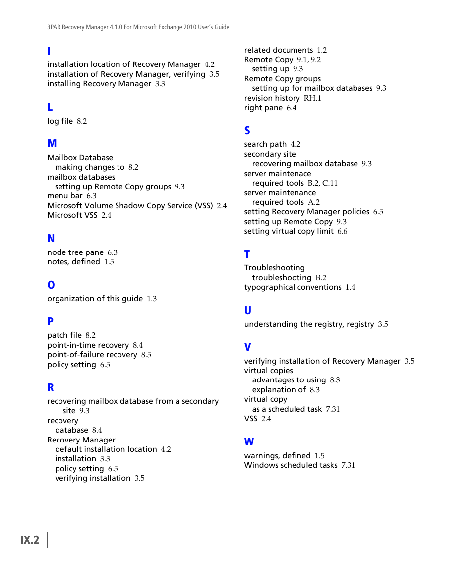 Ix.2 | HP 3PAR Application Software Suite for Microsoft Exchange User Manual | Page 162 / 164