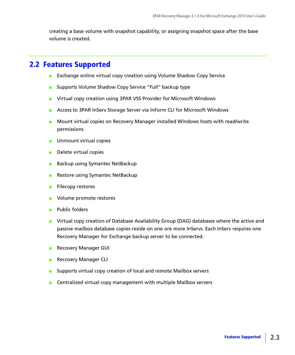 2 features supported, Features supported | HP 3PAR Application Software Suite for Microsoft Exchange User Manual | Page 17 / 164