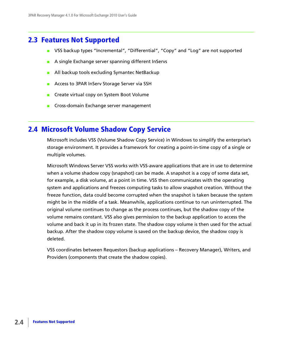3 features not supported, 4 microsoft volume shadow copy service, Features not supported | Microsoft volume shadow copy service | HP 3PAR Application Software Suite for Microsoft Exchange User Manual | Page 18 / 164