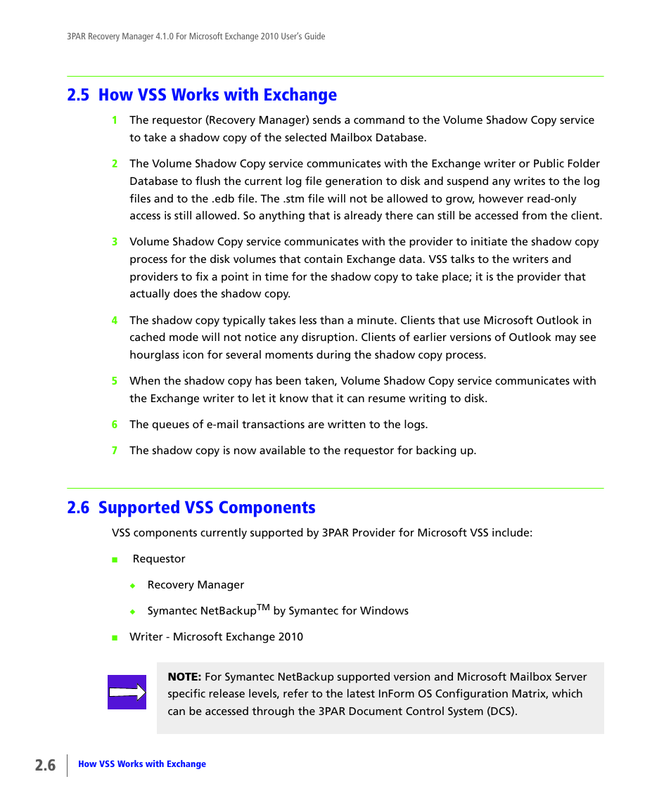 5 how vss works with exchange, 6 supported vss components, How vss works with exchange | Supported vss components | HP 3PAR Application Software Suite for Microsoft Exchange User Manual | Page 20 / 164