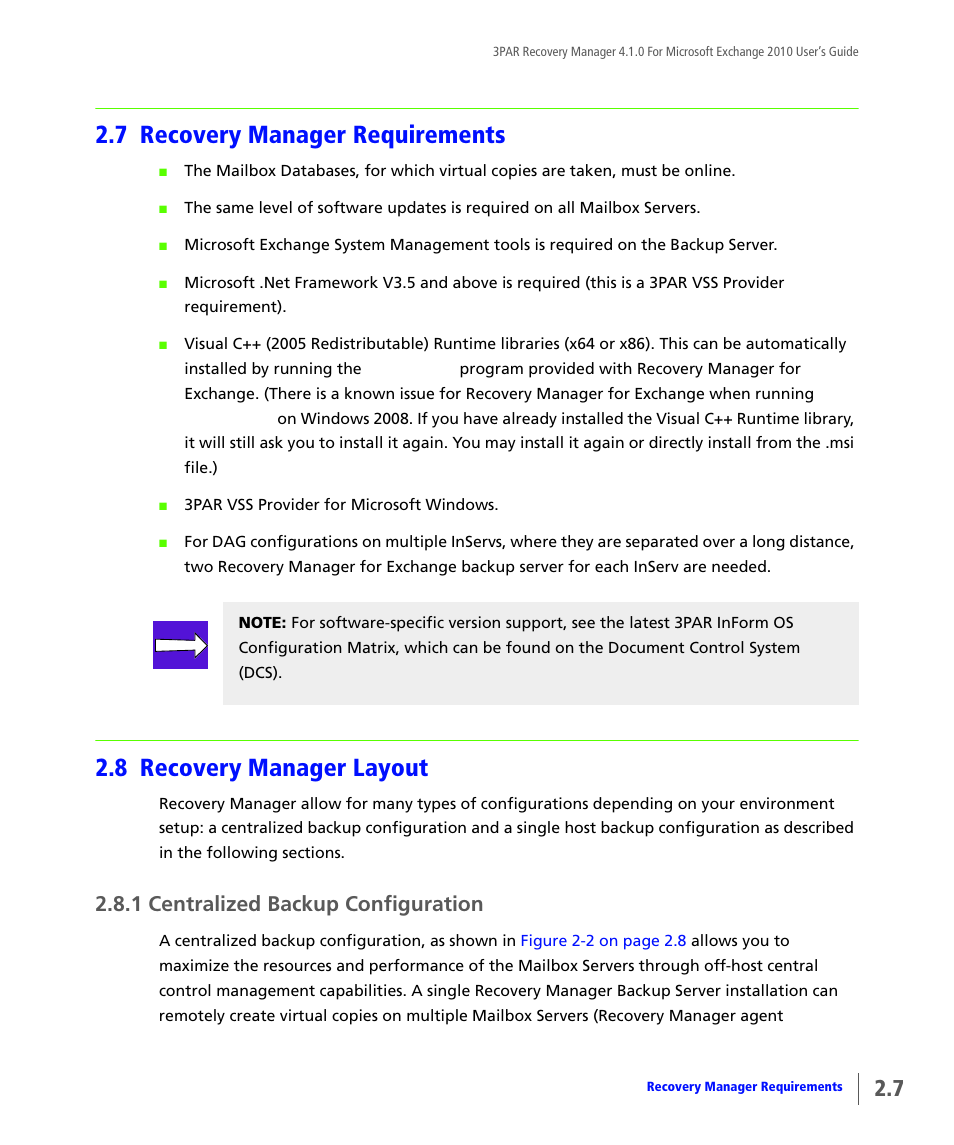 7 recovery manager requirements, 8 recovery manager layout, 1 centralized backup configuration | Recovery manager requirements, Recovery manager layout, Centralized backup configuration, Recovery, Manager layout | HP 3PAR Application Software Suite for Microsoft Exchange User Manual | Page 21 / 164