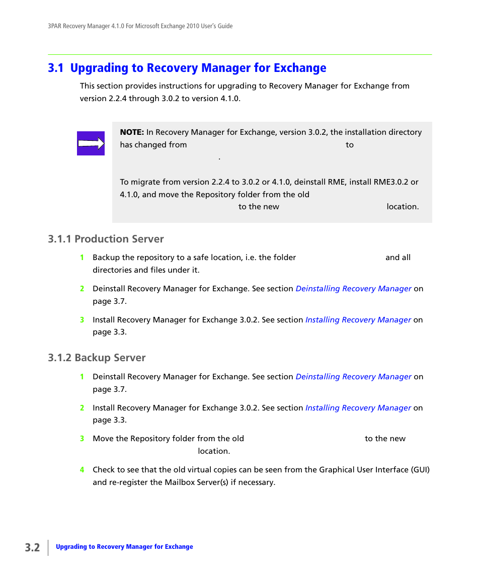 1 upgrading to recovery manager for exchange, 1 production server, 2 backup server | Upgrading to recovery manager for exchange, Production server, Backup server | HP 3PAR Application Software Suite for Microsoft Exchange User Manual | Page 28 / 164