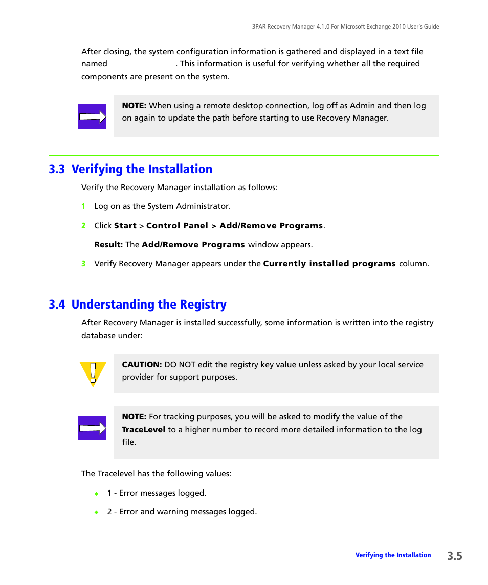 3 verifying the installation, 4 understanding the registry, Verifying the installation | Understanding the registry | HP 3PAR Application Software Suite for Microsoft Exchange User Manual | Page 31 / 164