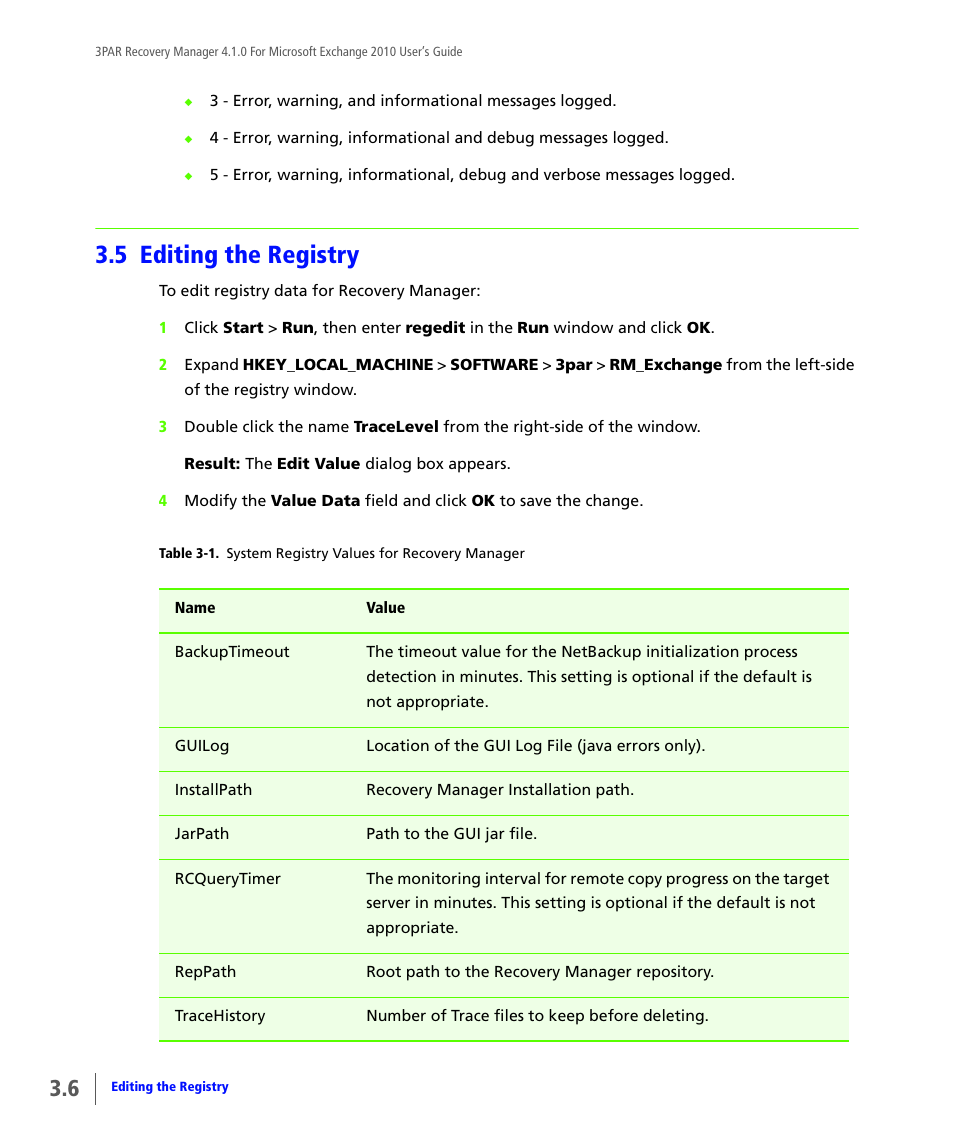 5 editing the registry, Editing the registry | HP 3PAR Application Software Suite for Microsoft Exchange User Manual | Page 32 / 164