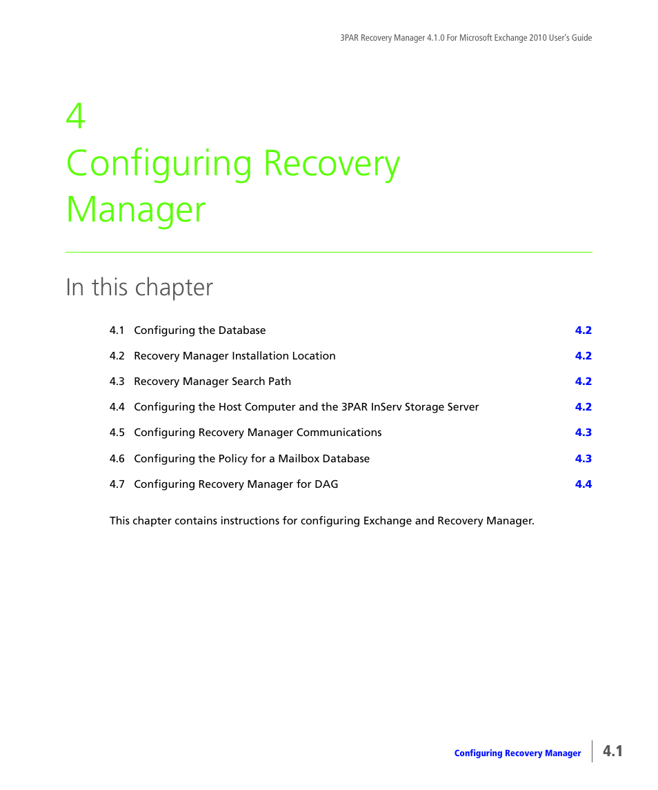 Configuring recovery manager, Chapter 4, configuring recovery manager, 4 configuring recovery manager | HP 3PAR Application Software Suite for Microsoft Exchange User Manual | Page 35 / 164