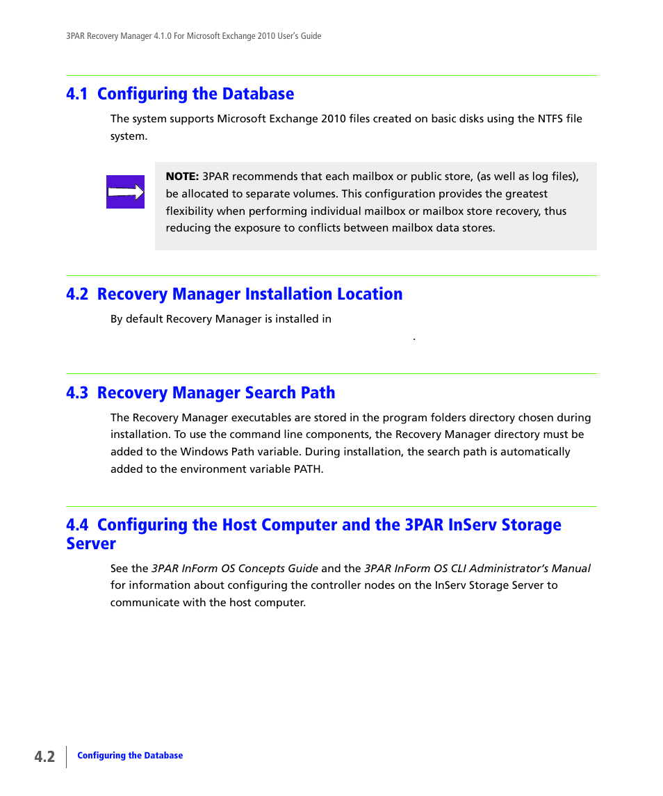 1 configuring the database, 2 recovery manager installation location, 3 recovery manager search path | Configuring the database, Recovery manager installation location, Recovery manager search path | HP 3PAR Application Software Suite for Microsoft Exchange User Manual | Page 36 / 164