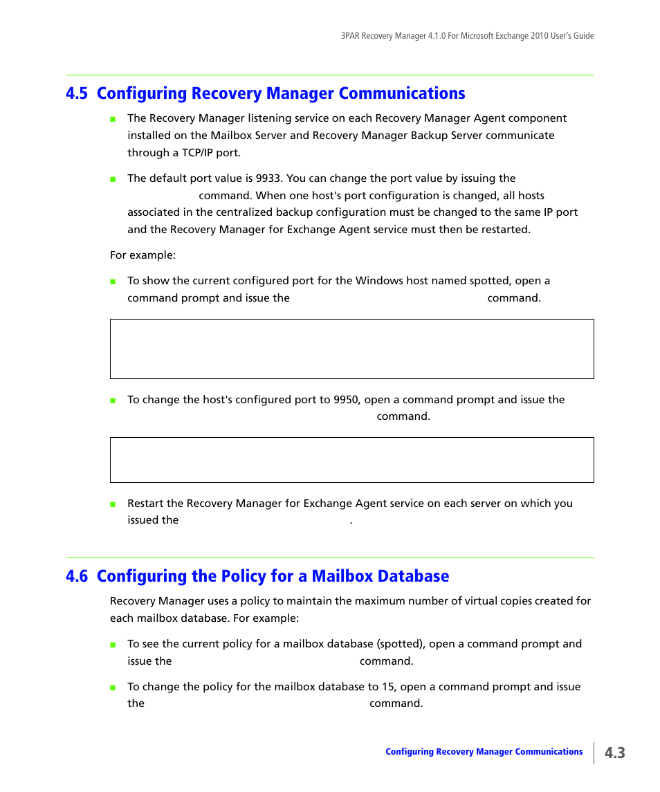 5 configuring recovery manager communications, 6 configuring the policy for a mailbox database, Configuring recovery manager communications | Configuring the policy for a mailbox database | HP 3PAR Application Software Suite for Microsoft Exchange User Manual | Page 37 / 164