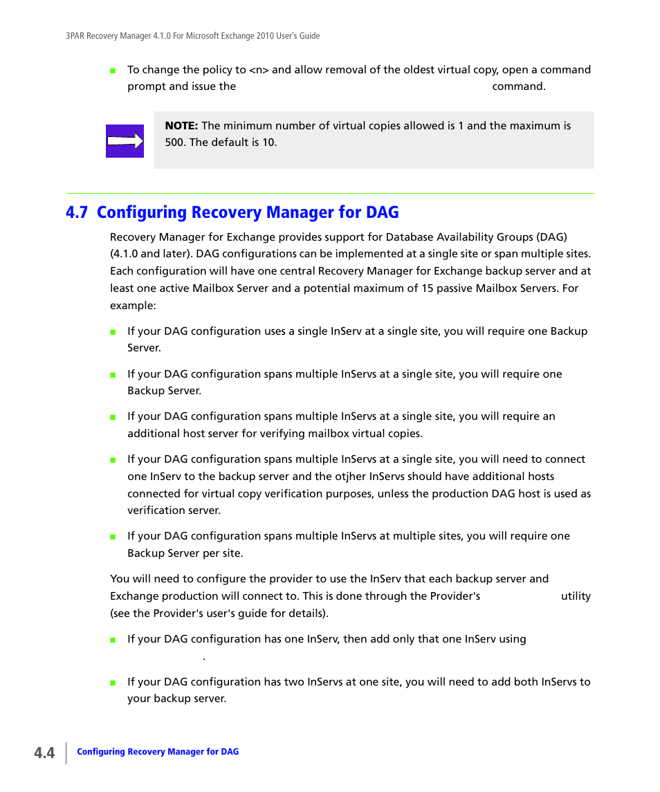 7 configuring recovery manager for dag, Configuring recovery manager for dag | HP 3PAR Application Software Suite for Microsoft Exchange User Manual | Page 38 / 164
