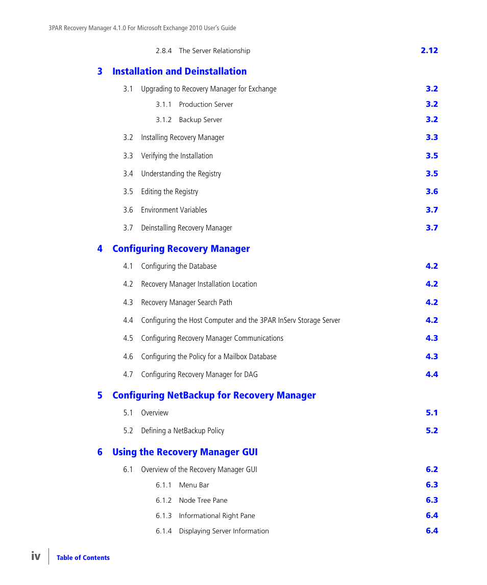 3installation and deinstallation, 4configuring recovery manager, 5configuring netbackup for recovery manager | 6using the recovery manager gui | HP 3PAR Application Software Suite for Microsoft Exchange User Manual | Page 4 / 164