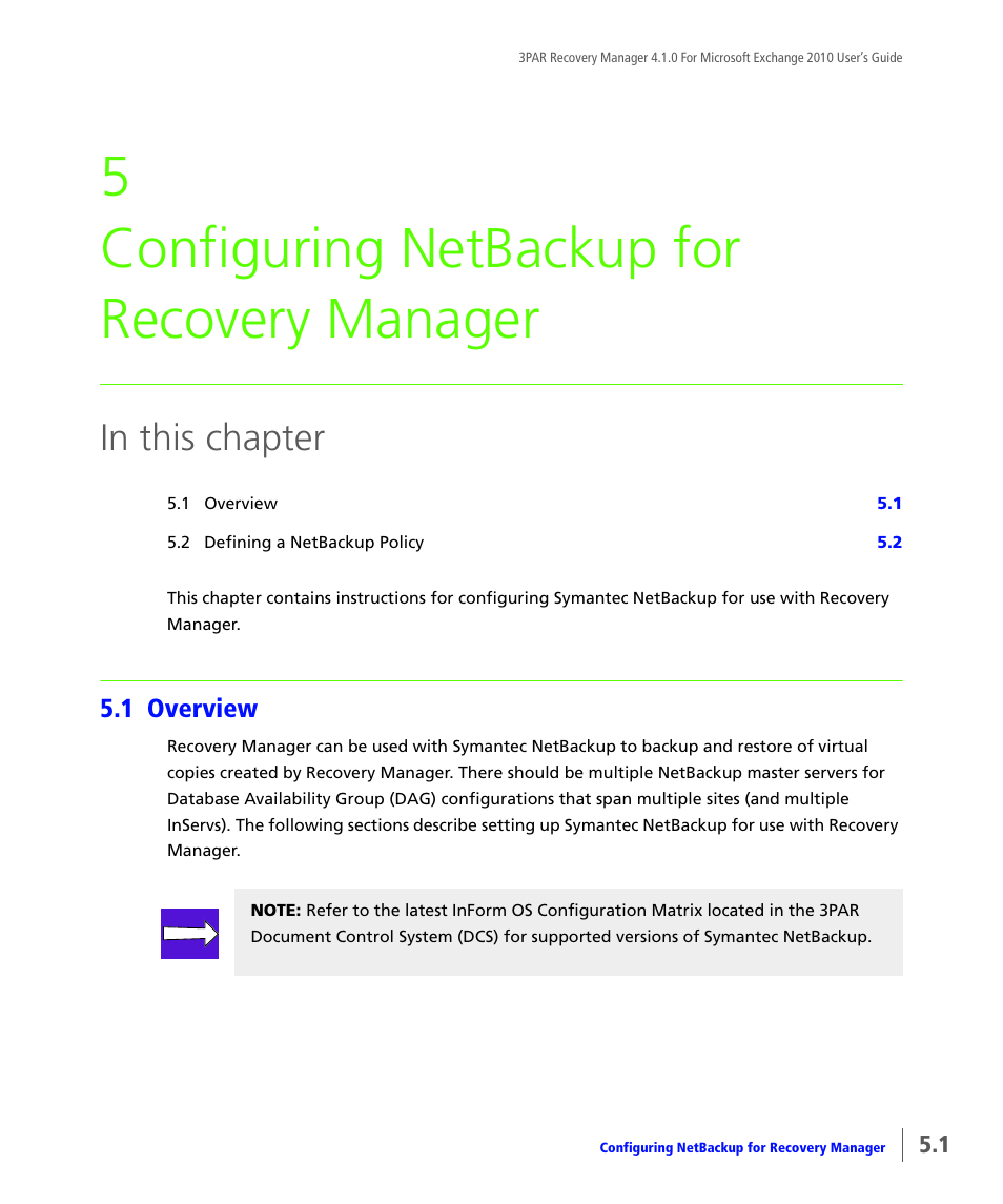 Configuring netbackup for recovery manager, 1 overview, Overview | 5 configuring netbackup for recovery manager | HP 3PAR Application Software Suite for Microsoft Exchange User Manual | Page 41 / 164