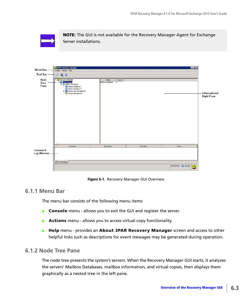 1 menu bar, 2 node tree pane, Menu bar | Node tree pane | HP 3PAR Application Software Suite for Microsoft Exchange User Manual | Page 47 / 164