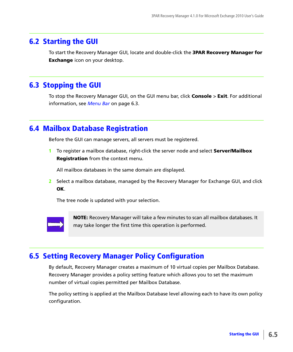 2 starting the gui, 3 stopping the gui, 4 mailbox database registration | 5 setting recovery manager policy configuration, Starting the gui, Stopping the gui, Mailbox database registration, Setting recovery manager policy configuration | HP 3PAR Application Software Suite for Microsoft Exchange User Manual | Page 49 / 164