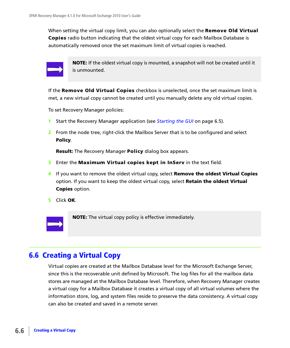 6 creating a virtual copy, Creating a virtual copy | HP 3PAR Application Software Suite for Microsoft Exchange User Manual | Page 50 / 164