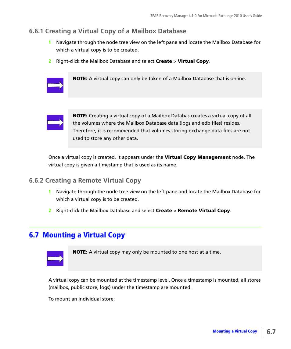 1 creating a virtual copy of a mailbox database, 2 creating a remote virtual copy, 7 mounting a virtual copy | Creating a virtual copy of a mailbox database, Creating a remote virtual copy, Mounting a virtual copy | HP 3PAR Application Software Suite for Microsoft Exchange User Manual | Page 51 / 164